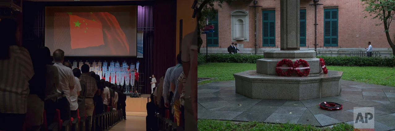 In this combination of photos, left: Participants stand for China's national anthem at a Hong Kong school meeting highlighting achievements of students who visited the mainland on exchange programs, Tuesday, June 6, 2017; and right: Wreaths mourning soldiers who died during first and second World Wars are placed outside St. John Cathedral in Hong Kong, Monday, June 12, 2017. (AP Photo/Kin Cheung)