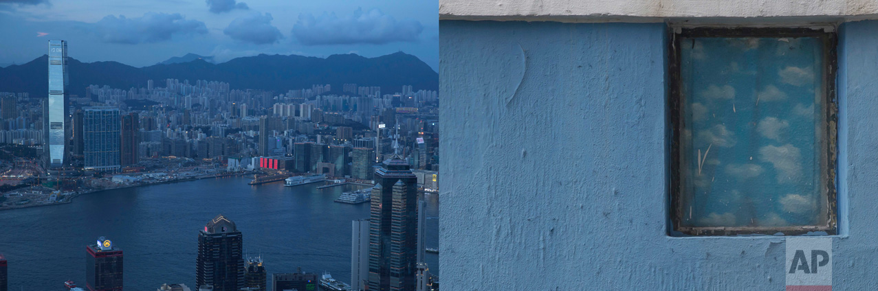 In this combination of photos, left: Clouds float over Victoria Harbor as a red LED display is seen at a shopping mall in Hong Kong, Wednesday, June 7, 2017; and right: A window frames a painting of clouds at a primary school in Hong Kong Friday, June 2, 2017. (AP Photo/Kin Cheung)