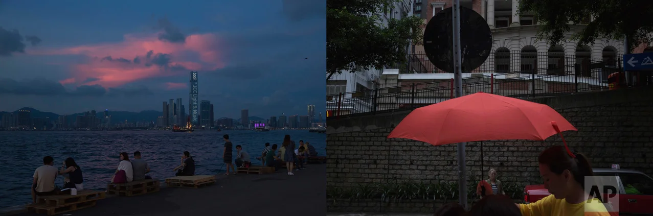 In this combination of photos, left: Residents look at the sunset glow over Victoria Harbor in Hong Kong, Sunday, June 11, 2017; and right: A woman carries a red umbrella past Sun Yat-sen Museum, which was built in the colonial style, Saturday, May 20, 2017. (AP Photo/Kin Cheung)
