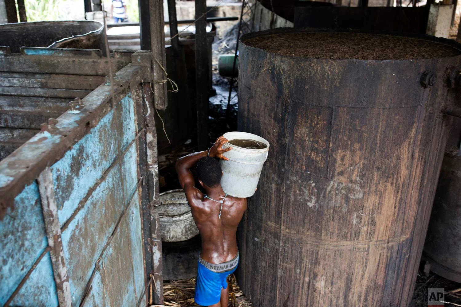 In this June 16, 2017 photo, Gabriel Shnaider, 22, carries a bucket of sugar cane juice to a large container where it will be fermented at the Ti Jean distillery, where the sugar-based alcoholic spirit clairin is produced in Leogane, Haiti. Clairin, or kleren as it’s known in Haitian Creole, is less refined than rum and typically not aged, though some artisanal varieties are subjected to an aging process to give them a more mellow and distinctive flavor. (AP Photo/Dieu Nalio Chery)