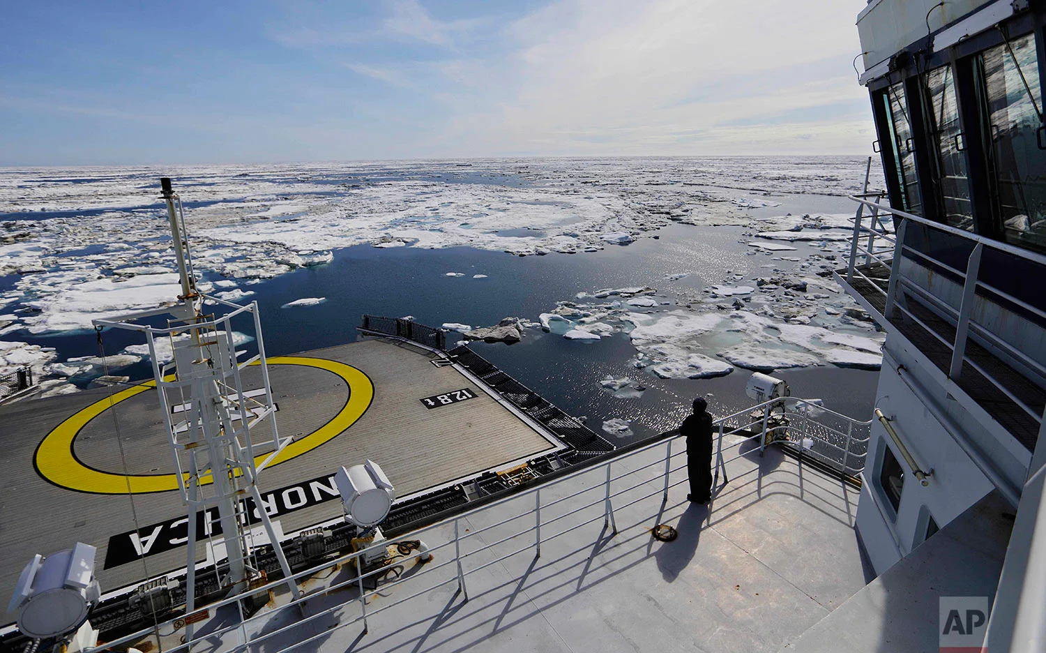 The Finnish icebreaker MSV Nordica sails through ice floating on the Beaufort Sea off the coast of Alaska, Sunday, July 16, 2017, while traversing the Arctic's Northwest Passage, where global warming is melting sea ice and glaciers at an historic rate, altering and opening up the Arctic as never before. (AP Photo/David Goldman)
