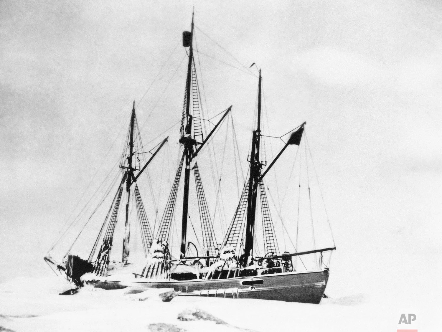 This 1923 photo shows the schooner Maud, frozen during winter at Aton Island off Siberia, with which Capt. Roald Amundsen made an attempt to reach the North Pole in 1924. In 1903, Amundsen and six other men set out in a tiny ship, the Gjoa. Sailing from east to west, they drew on the expertise of indigenous Inuit people to brave the dangerous conditions and reached Alaska in 1906. (AP Photo)