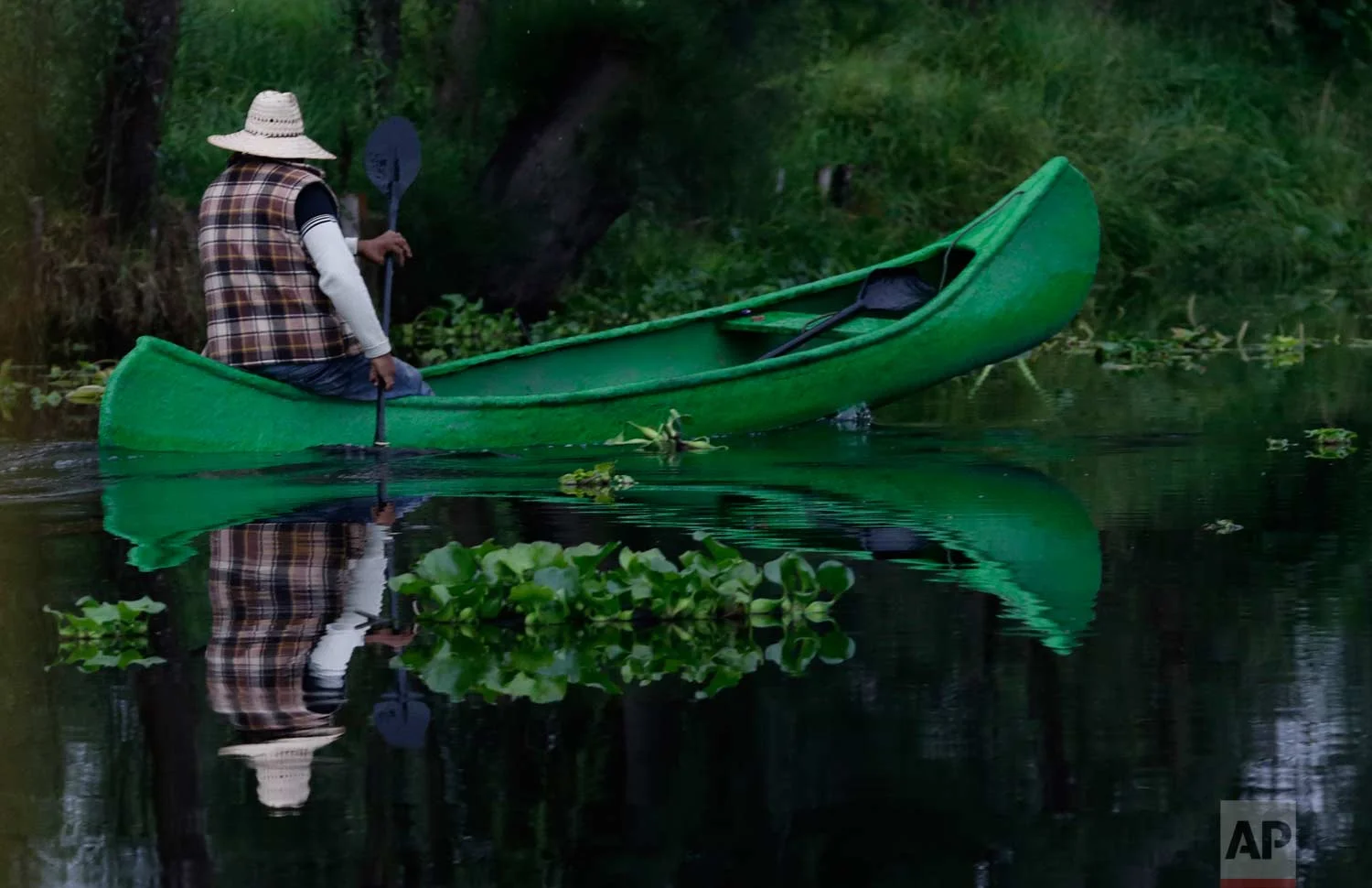 In this July 13, 2017 photo, a farmer paddles his canoe to his floating farm known as a "chinampa," in Xochimilco, Mexico City. (AP Photo/Marco Ugarte)