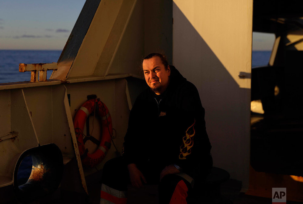  Deck repairman Mika Koponen, 41, sits for a portrait aboard the Finnish icebreaker MSV Nordica as the ship sails the Amundsen Gulf in the Arctic, Wednesday, July 19, 2017. Koponen, who is making his first traverse through the Northwest Passage, star