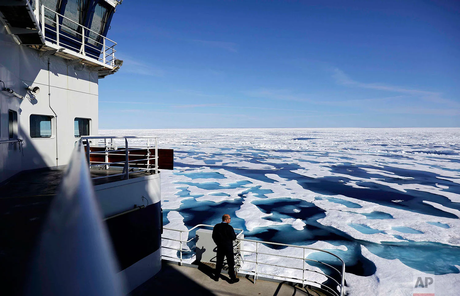 In this Saturday, July 22, 2017 photo, Canadian Coast Guard Capt. Victor Gronmyr looks out over the ice covering the Victoria Strait as the Finnish icebreaker MSV Nordica traverses the Northwest Passage through the Canadian Arctic Archipelago. (AP Photo/David Goldman)
