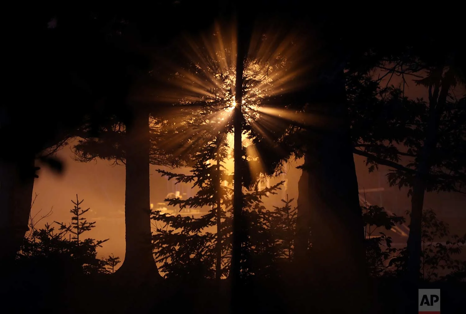  A light on a dock illuminates the early morning fog on Hodgdon Island, Friday, July 21, 2017, in Boothbay, Maine. (AP Photo/Robert F. Bukaty) 