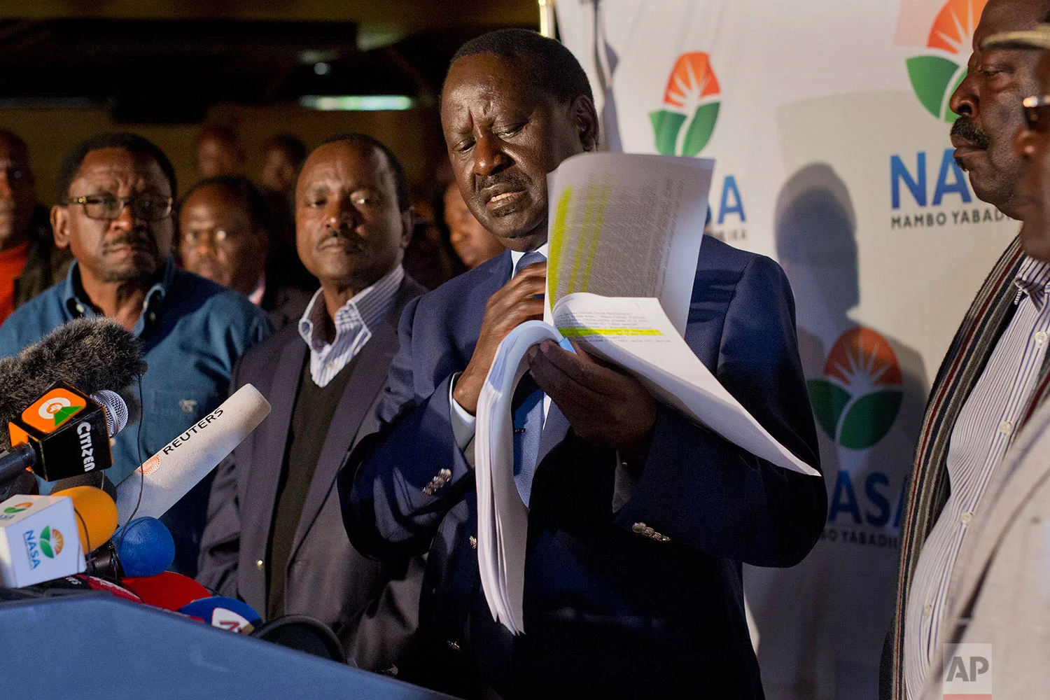 Opposition leader and presidential candidate Raila Odinga addresses a news conference in Nairobi, Kenya, Wednesday, Aug. 9, 2017. Odinga says hackers infiltrated the database of the country's election commission and manipulated the results. Early results show President Uhuru Kenyatta with a wide lead over Odinga. (AP Photo/Jerome Delay) 