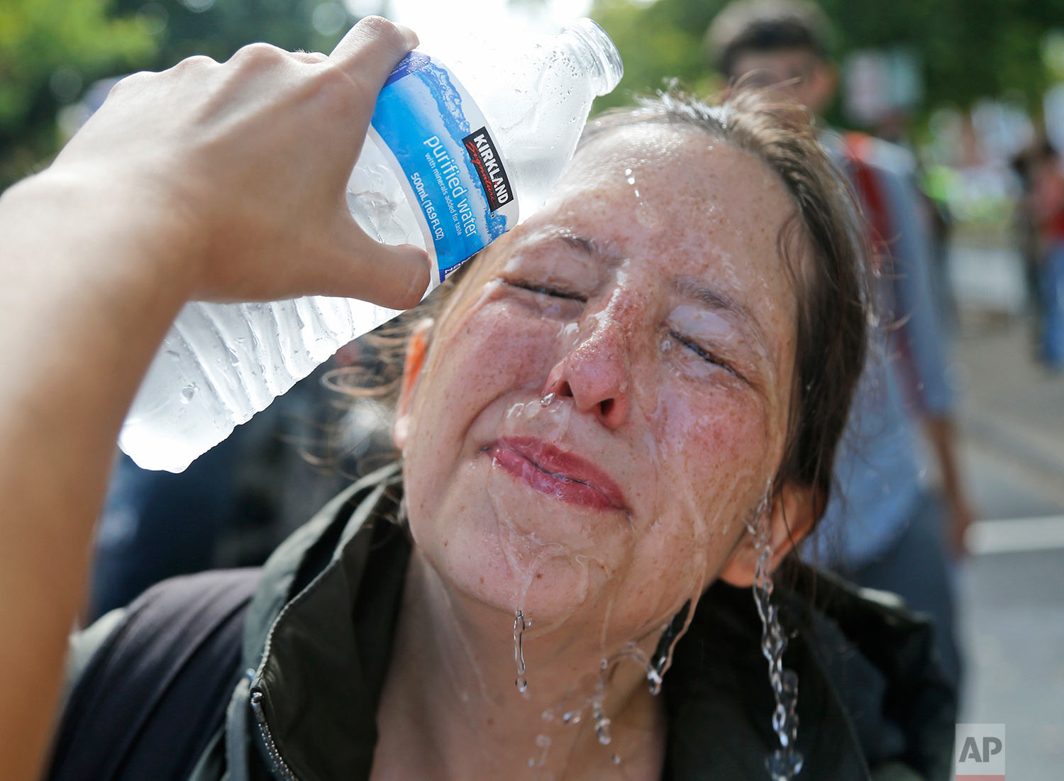  A counter demonstrator gets a splash of water after being hit by pepper spray at the entrance to Lee Park in Charlottesville, Va., Saturday, Aug. 12, 2017. Gov. Terry McAuliffe declared a state of emergency and police dressed in riot gear ordered pe