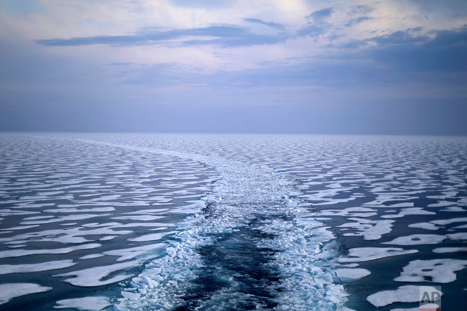  A path in the ice is left in the wake of the Finnish icebreaker MSV Nordica as it traverses the Northwest Passage through the Franklin Strait in the Canadian Arctic Archipelago Saturday, July 22, 2017. Researchers on the trip sought to observe the c