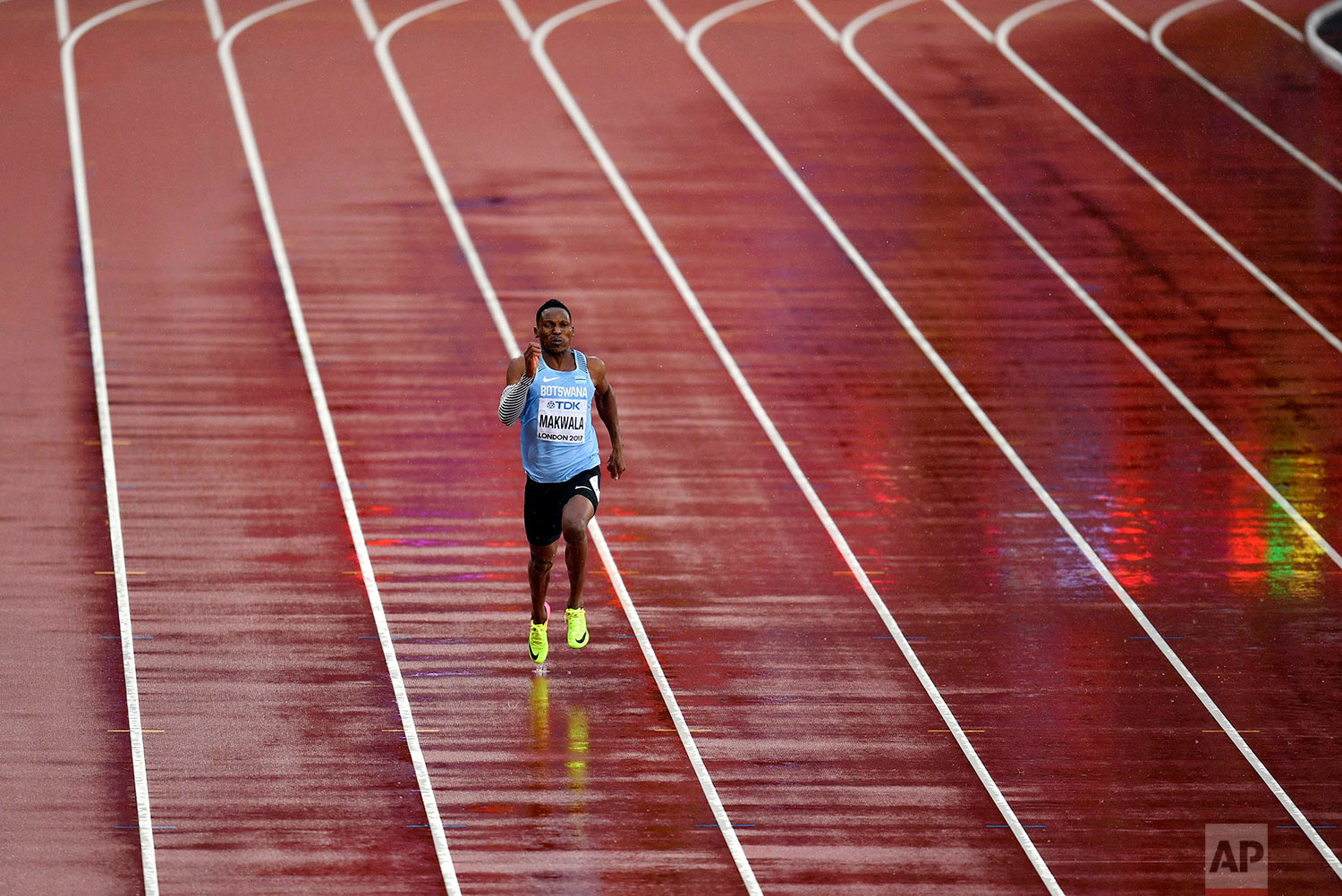  Botswana's Isaac Makwala runs a men's 200-meter individual time trial during the World Athletics Championships in London Wednesday, Aug. 9, 2017. Makwala ran to qualify for the 200m semi-finals after he missed the 200m heats and the 400m final as he