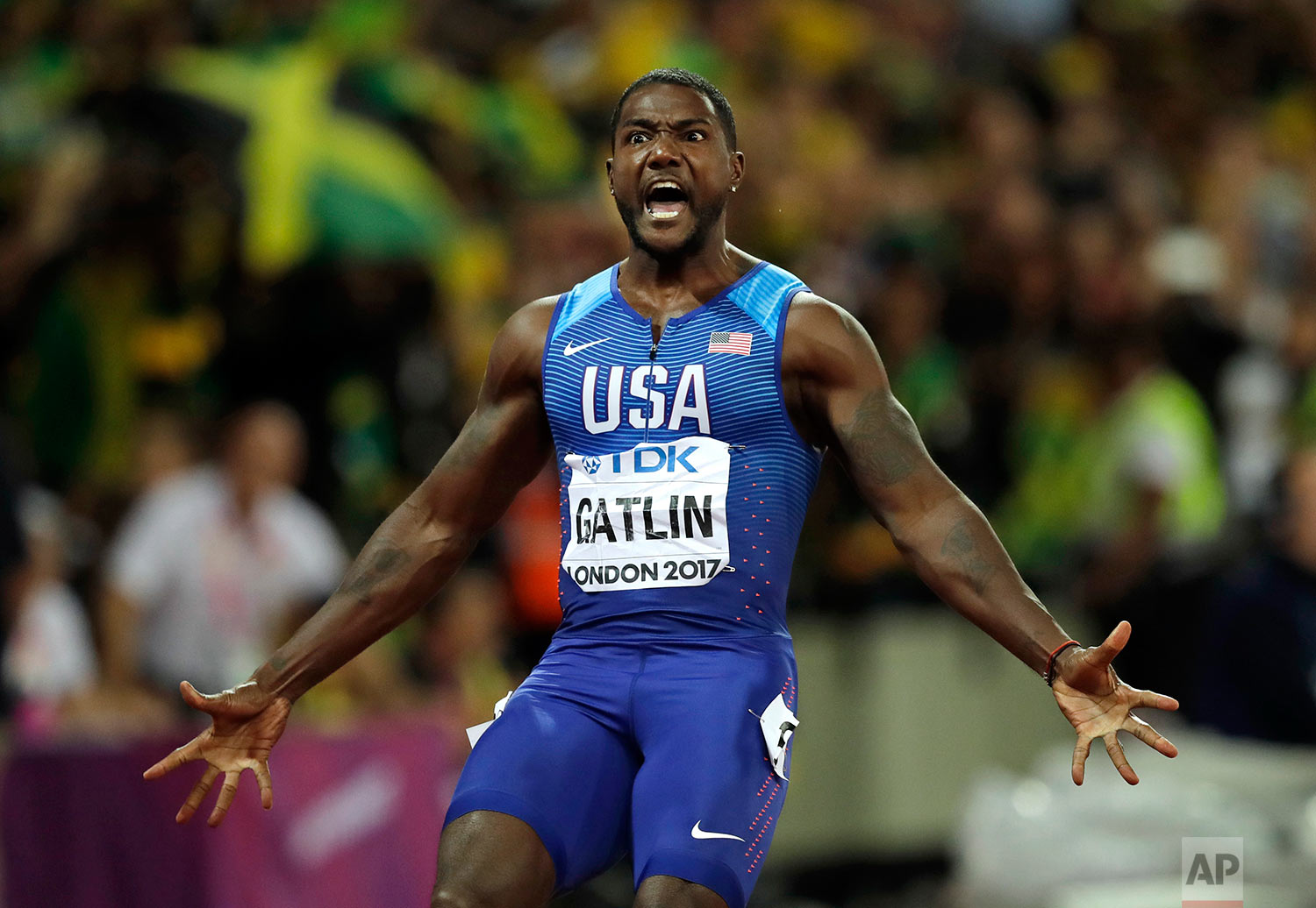  United States' Justin Gatlin reacts after winning the Men's 100 meters final during the World Athletics Championships in London Saturday, Aug. 5, 2017. (AP Photo/Tim Ireland) 