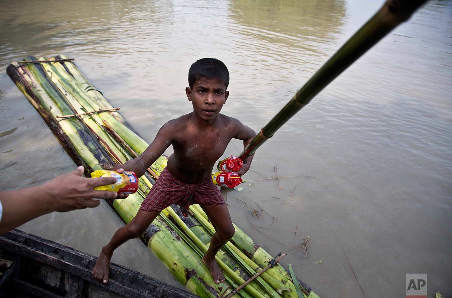  A flood affected boy on a makeshift banana raft collects biscuit packets distributed by a government official from a boat in Pokoria village, east of Gauhati, north eastern Assam state, India, Monday, Aug. 14, 2017. (AP Photo/Anupam Nath) 