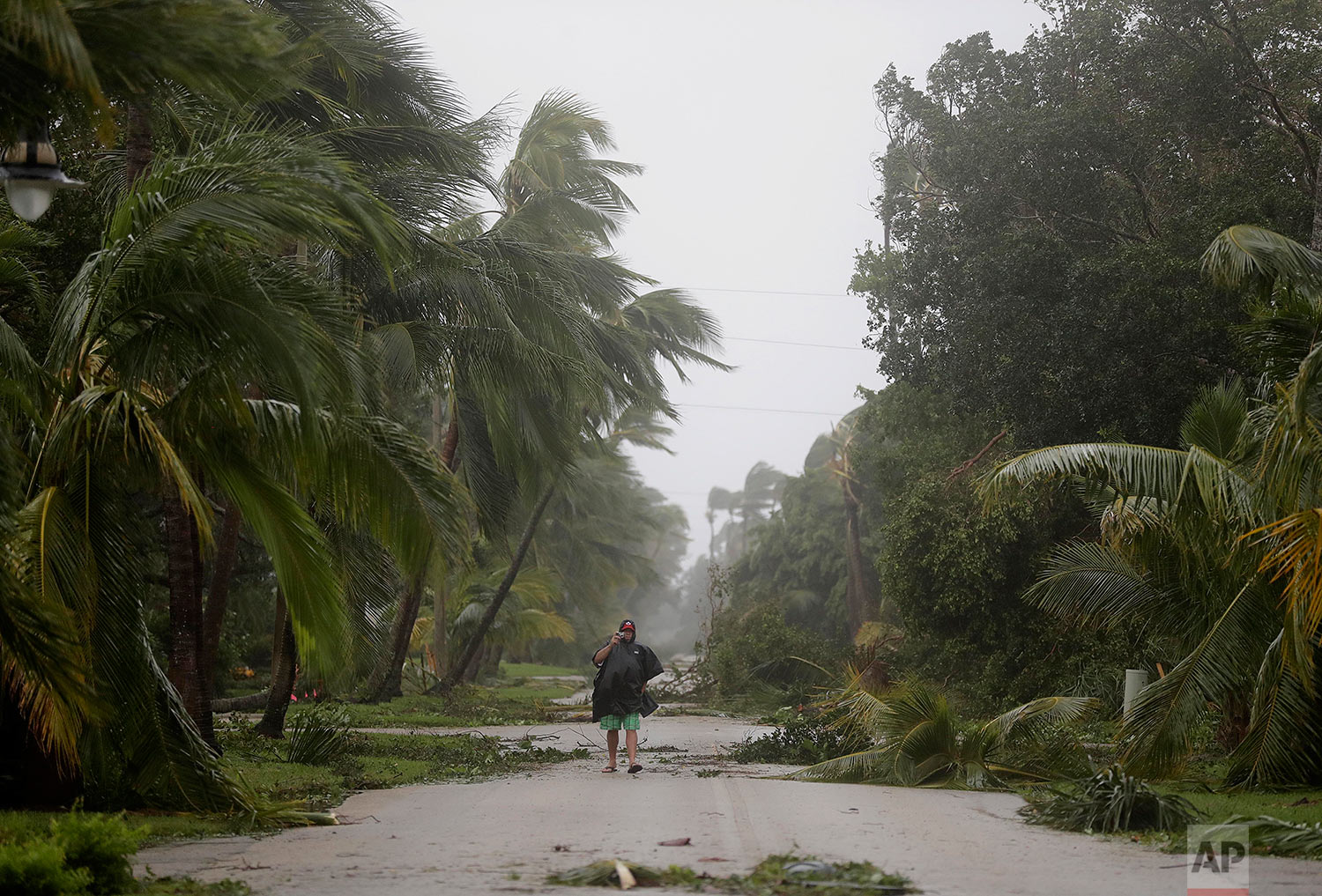 A person walks through a street lined with debris and fallen trees as Hurricane Irma passes through Naples, Fla., Sunday, Sept. 10, 2017. (AP Photo/David Goldman) 