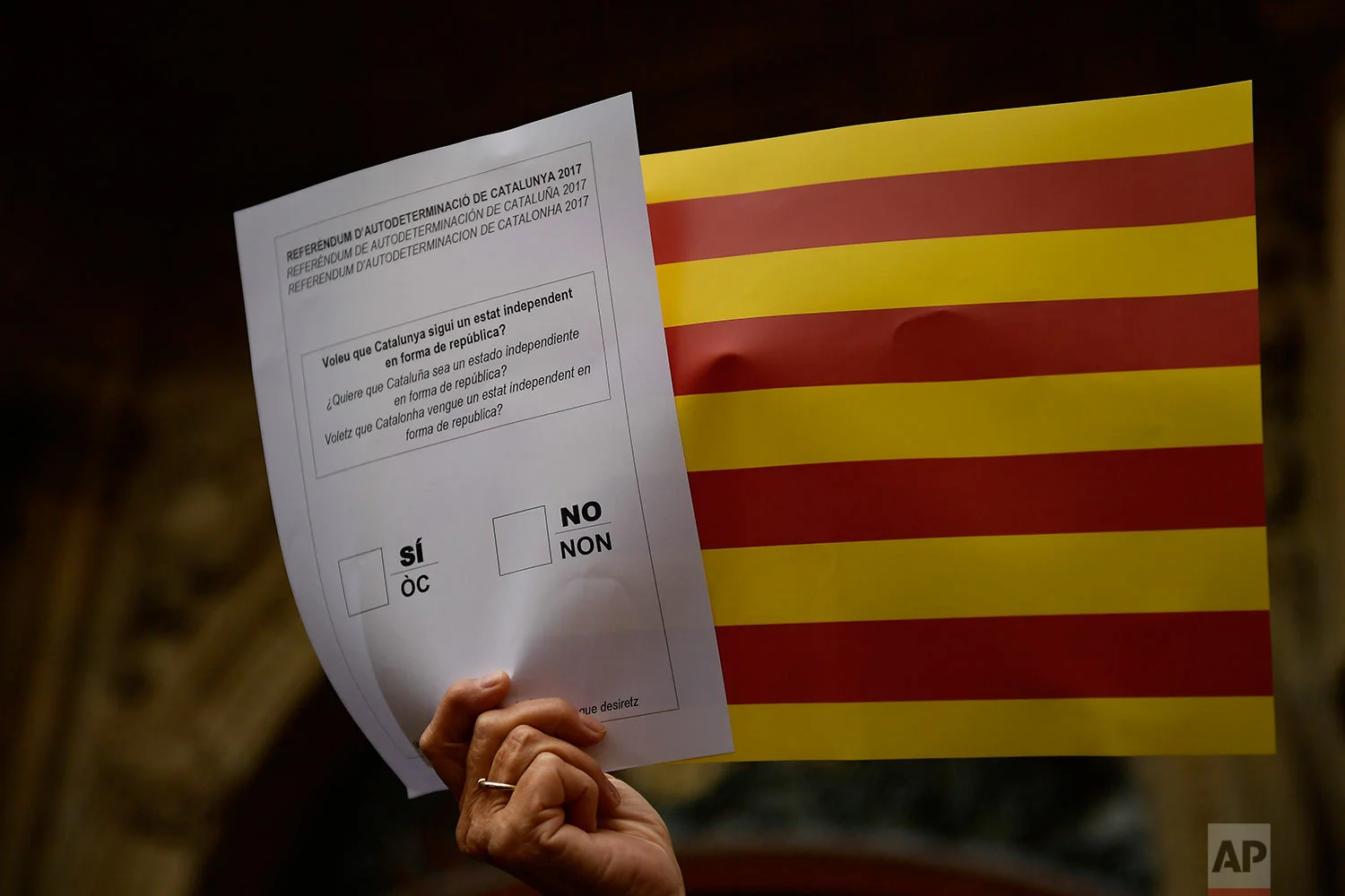 A woman holds up a mock ballot reading, ''Do you want Catalonia independence state as a republic?'' during a gathering to protest the judicial and police operation against the planned October 1 independence referendum in Catalonia, at Plaza del Ayuntamiento square in Pamplona, northern Spain, Friday, Sept. 22, 2017. (AP Photo/Alvaro Barrientos)