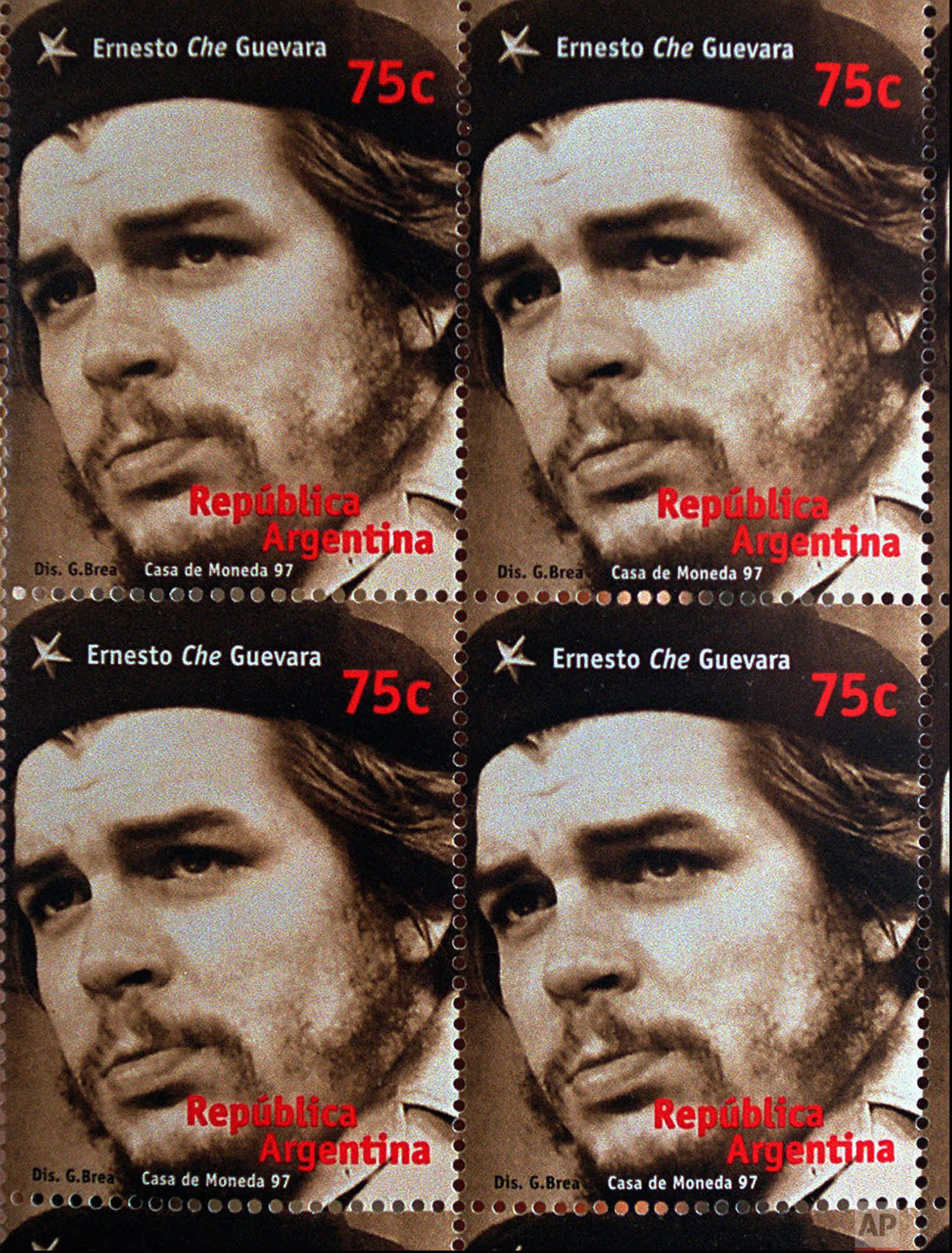  This photo shows mail stamps issued by the recently-privatized Argentine postal service to commemorate the 30th anniversary of the death of Argentine guerrilla leader Ernesto "Che" Guevara, executed by Bolivian army soldiers along with six fellow re