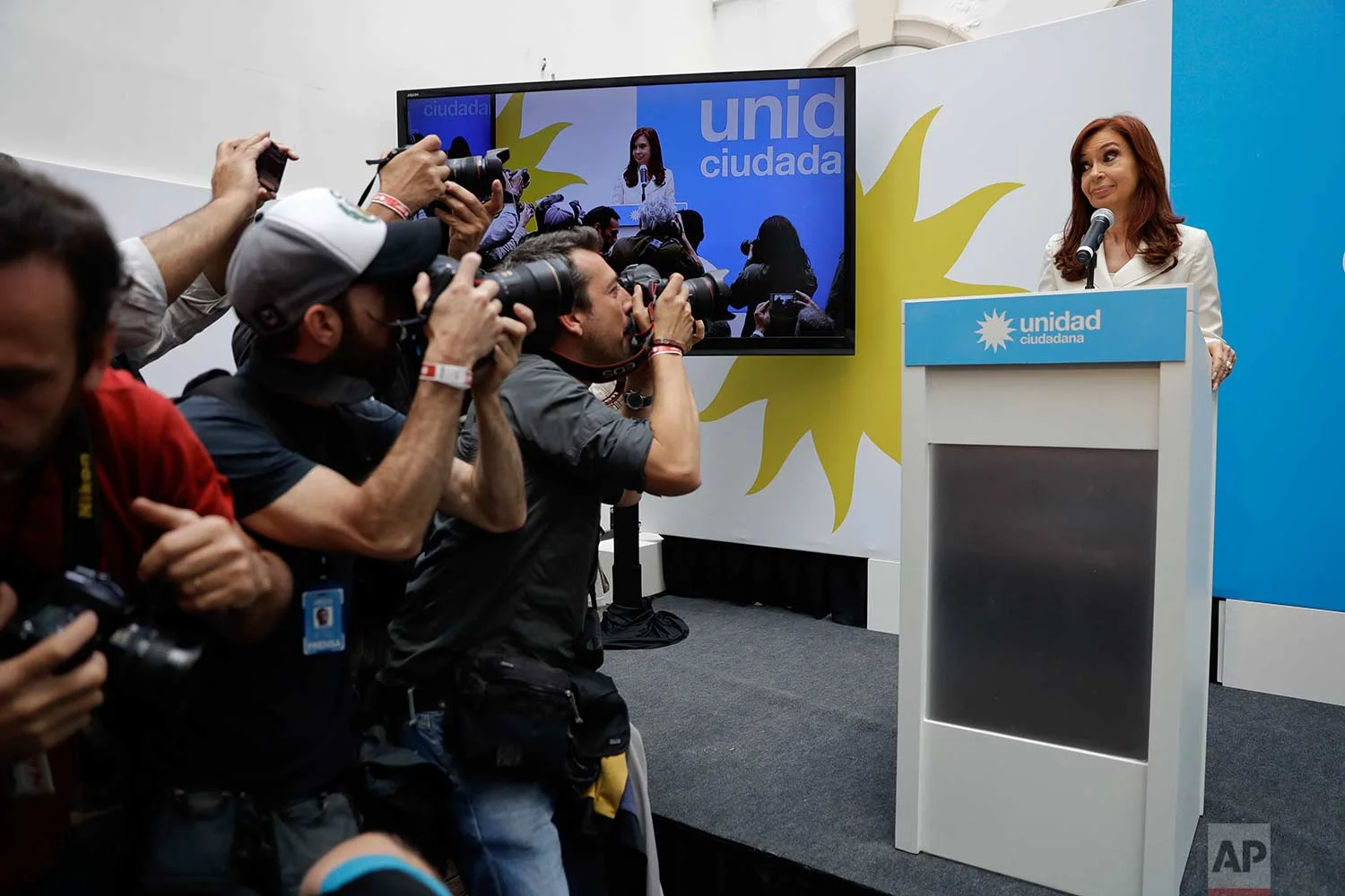 Argentina's former President Cristina Fernandez speaks at a press conference in Buenos Aires, Argentina, Tuesday, Oct. 10, 2017. (AP Photo/Natacha Pisarenko)