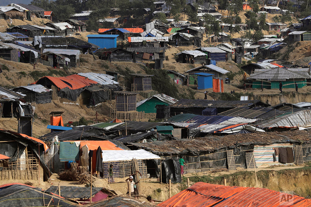  In this Sunday, Nov. 19, 2017, photo, tents are seen in the Kutupalong refugee camp in Bangladesh where Rohingya Muslims live, after crossing over from Myanmar into Bangladesh. More than 620,000 Rohingya have fled Rakhine for neighbouring Bangladesh