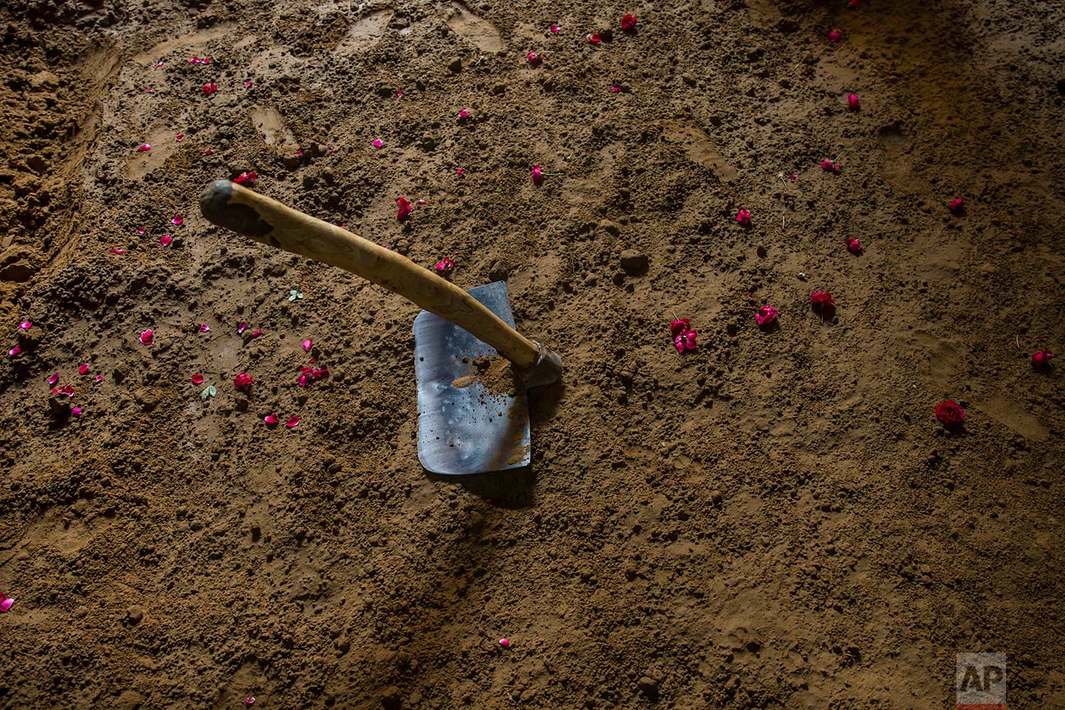 In this Nov. 20, 2017 photo, a spade and flowers from the weekly prayers are seen inside the ring at an akhada, a kind of wrestling hostel at Sabzi Mandi, in New Delhi, India. (AP Photo/Dar Yasin)