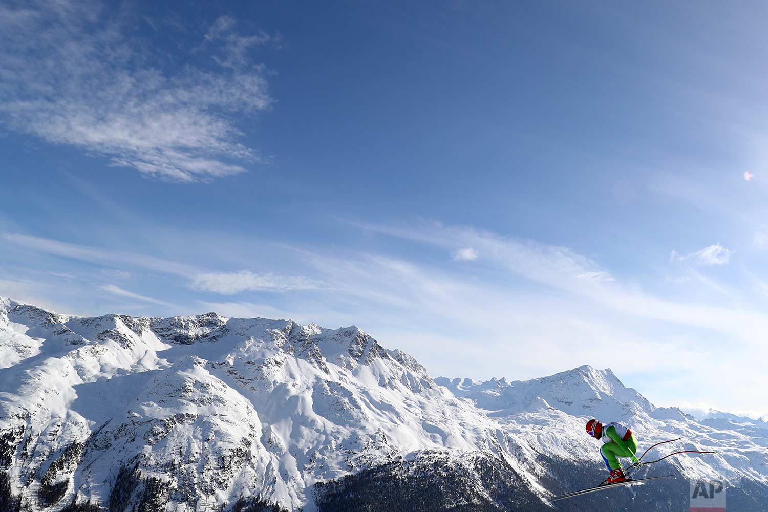  In this Sunday, Feb. 12, 2017 photo, Slovenia's Miha Hrobat competes during a men's downhill race, at the alpine ski World Championships in St. Moritz, Switzerland. (AP Photo/Alessandro Trovati) 