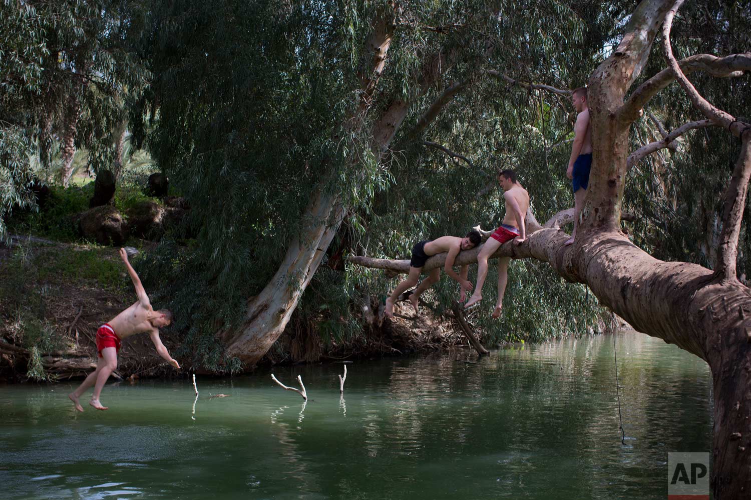  In this April 11, 2017 photo, Israelis jump into the Jordan River near the northern Israeli Kibbutz of Kinneret. (AP Photo/Oded Balilty) 