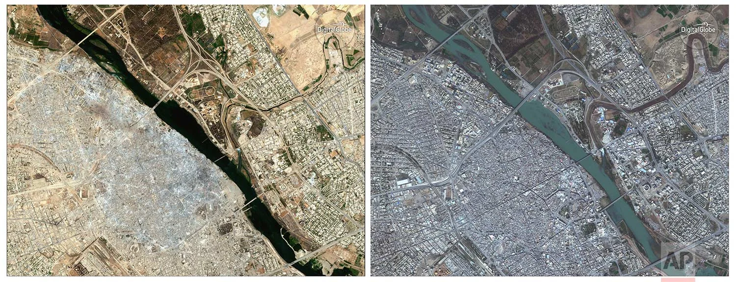 This combination of two satellite image released by DigitalGlobe shows the Old City of Mosul, Iraq on July 8, 2017 after a punishing nine month battle to oust Islamic State militants, left, and on Nov. 13, 2015, right. (DigitalGlobe via AP)