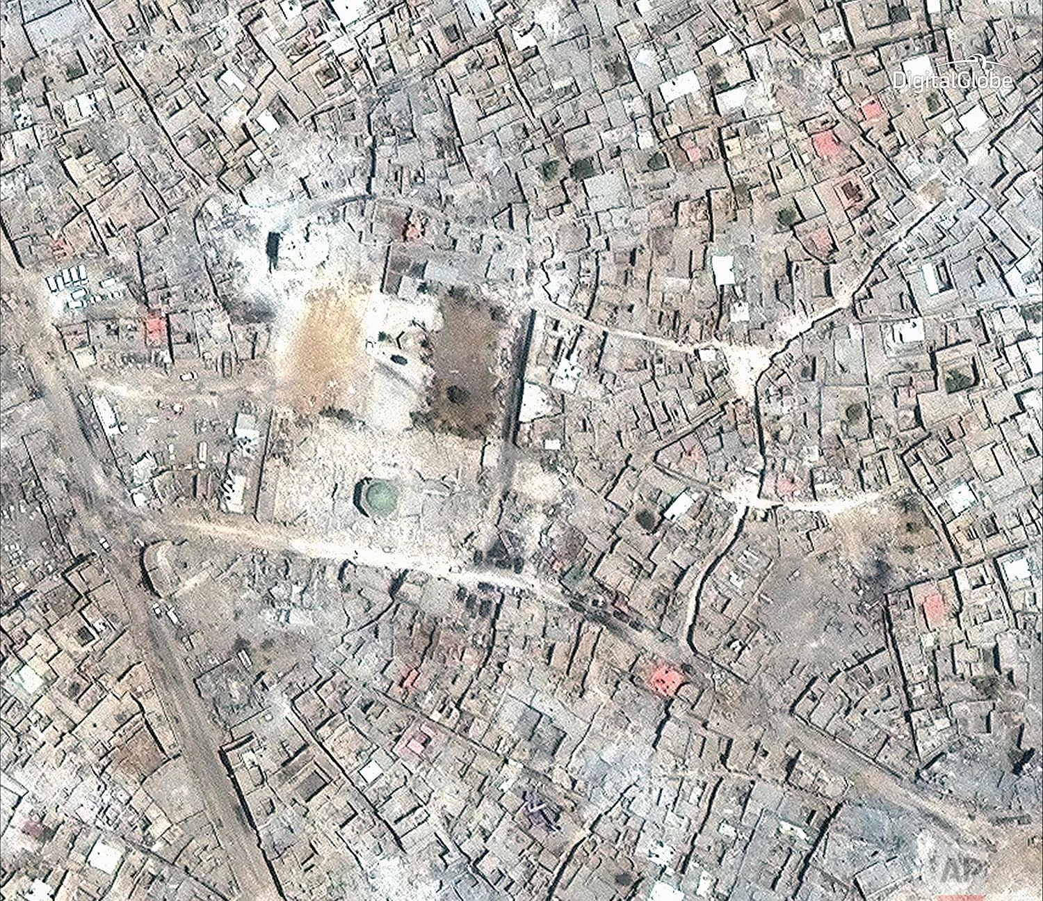 This satellite image released by DigitalGlobe shows what remains of the al-Nuri Mosque in Mosul, Iraq on July 8, 2017. (DigitalGlobe via AP)