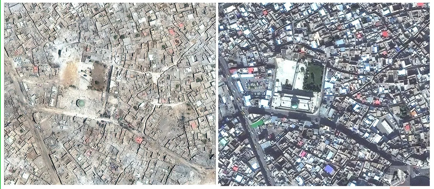 This combination of two satellite image released by DigitalGlobe shows the al-Nuri Mosque in Mosul, Iraq on July 8, 2017 after a punishing nine month battle to oust Islamic State militants, left, and on Nov. 13, 2015, right. (DigitalGlobe via AP)