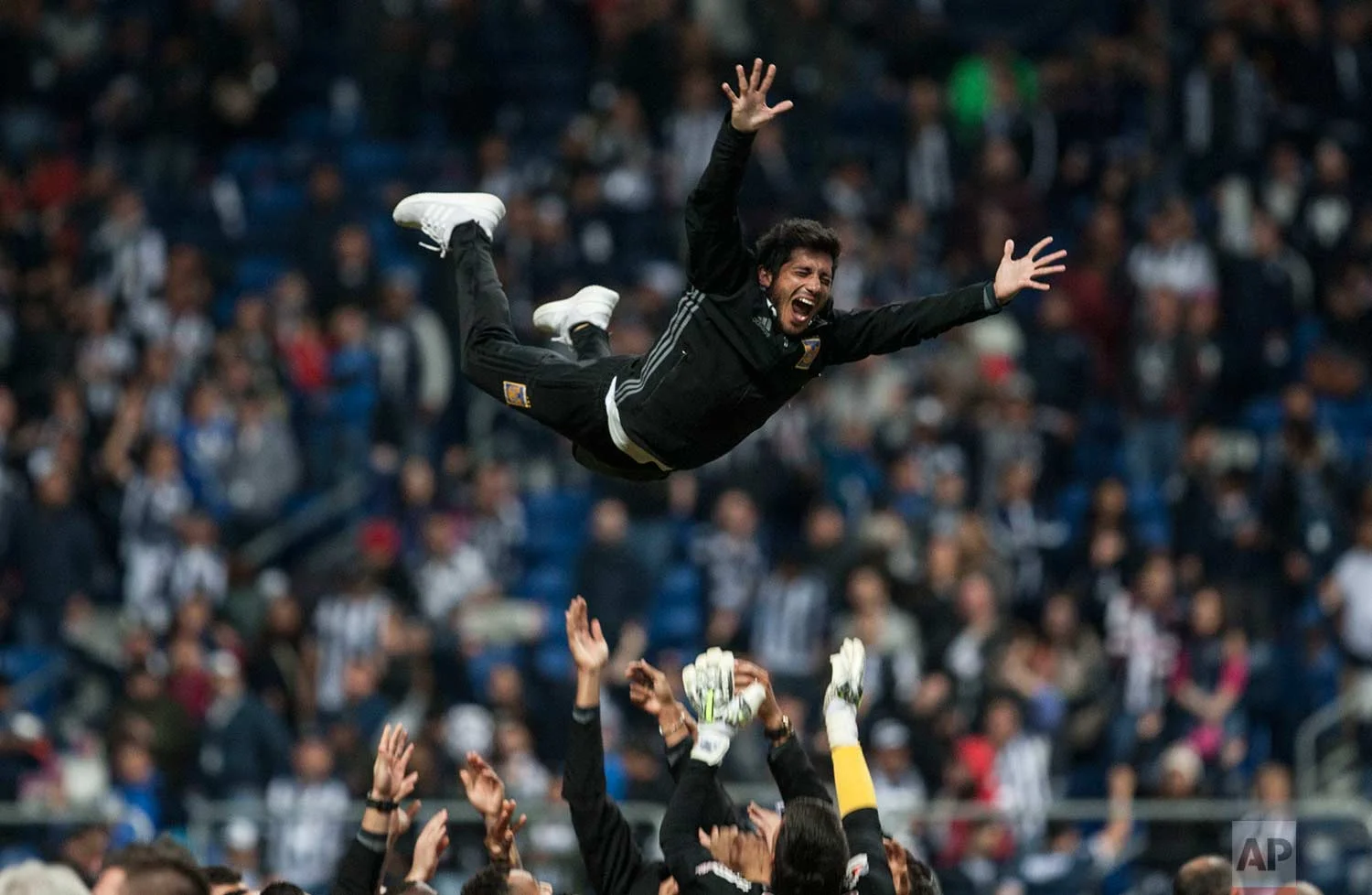 Tigres' soccer player Damian Alvarez is thrown into the air during celebrations after his team's victory over Monterrey and clenching of the Mexican soccer league championship title in Monterrey, Mexico, Sunday, Dec. 10, 2017. (AP Photo/Christian Palma)