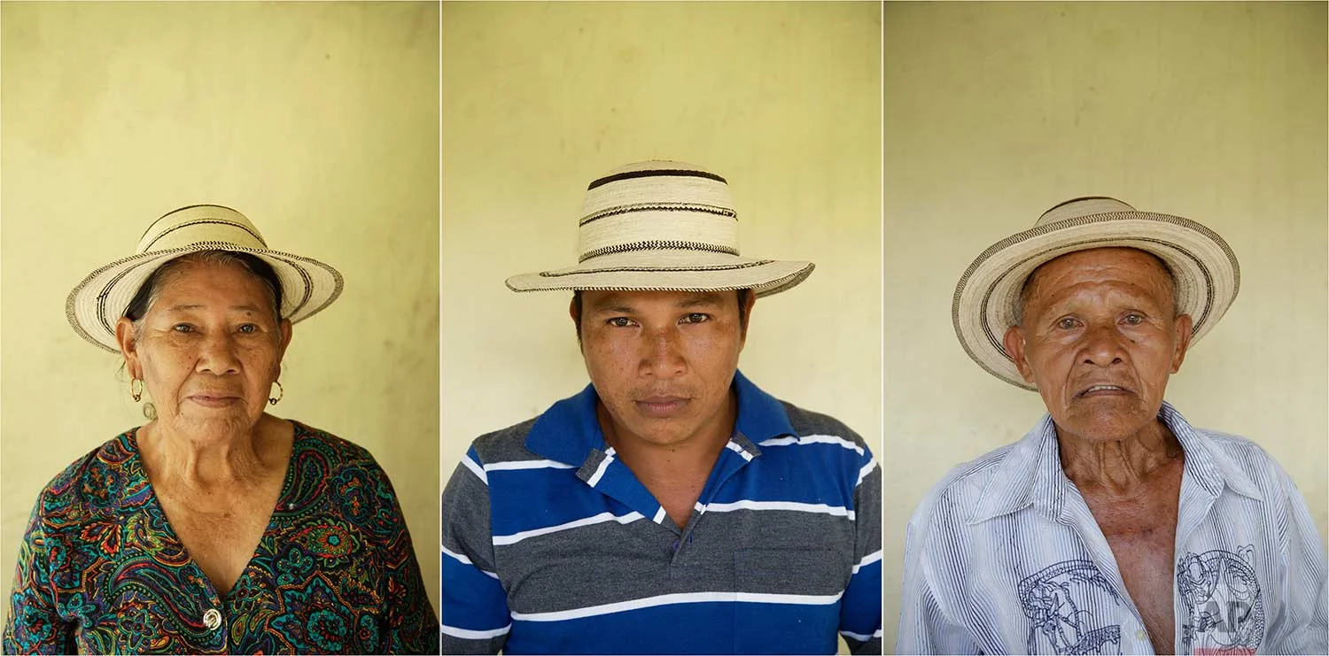 In this combination of photos taken on Saturday, Dec. 16, 2017, Anasaria Ortiz, 74, left, herson Juan Carlos Gutierrez, 37, center, and her husband Pasion Gutierrez, 81, pose for a portrait wearing traditional Panamanian pintao hats in El Jaguito, Panama. (AP Photo/Arnulfo Franco)