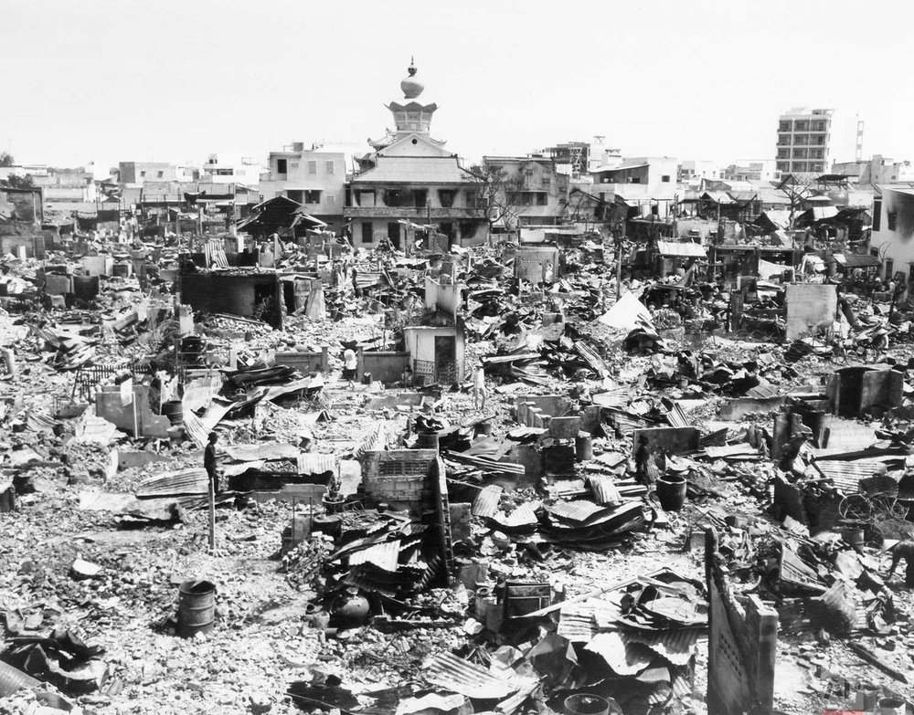  A large section of rubble is all that remains in this one block square area of Saigon on Feb. 5, 1968, after fierce Tet Offensive fighting. Rockets and grenades, combined with fires, laid waste to the area. An Quang Pagoda, location of Viet Cong hea