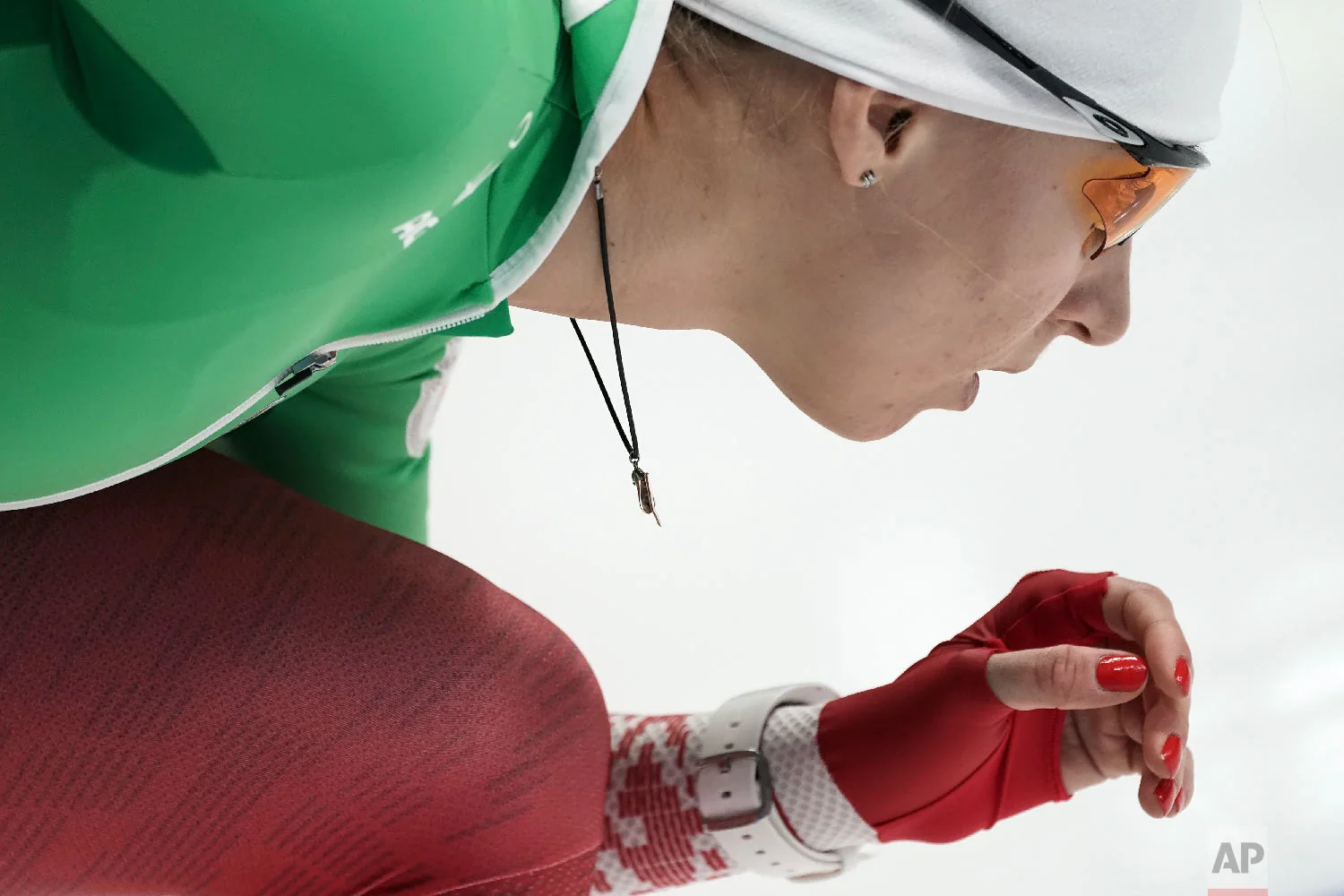 Belarus' Kseniya Sadovskaya practices during a speed skating training session prior to the 2018 Winter Olympics in Gangneung, South Korea, Tuesday, Feb. 6, 2018. (AP Photo/Felipe Dana)