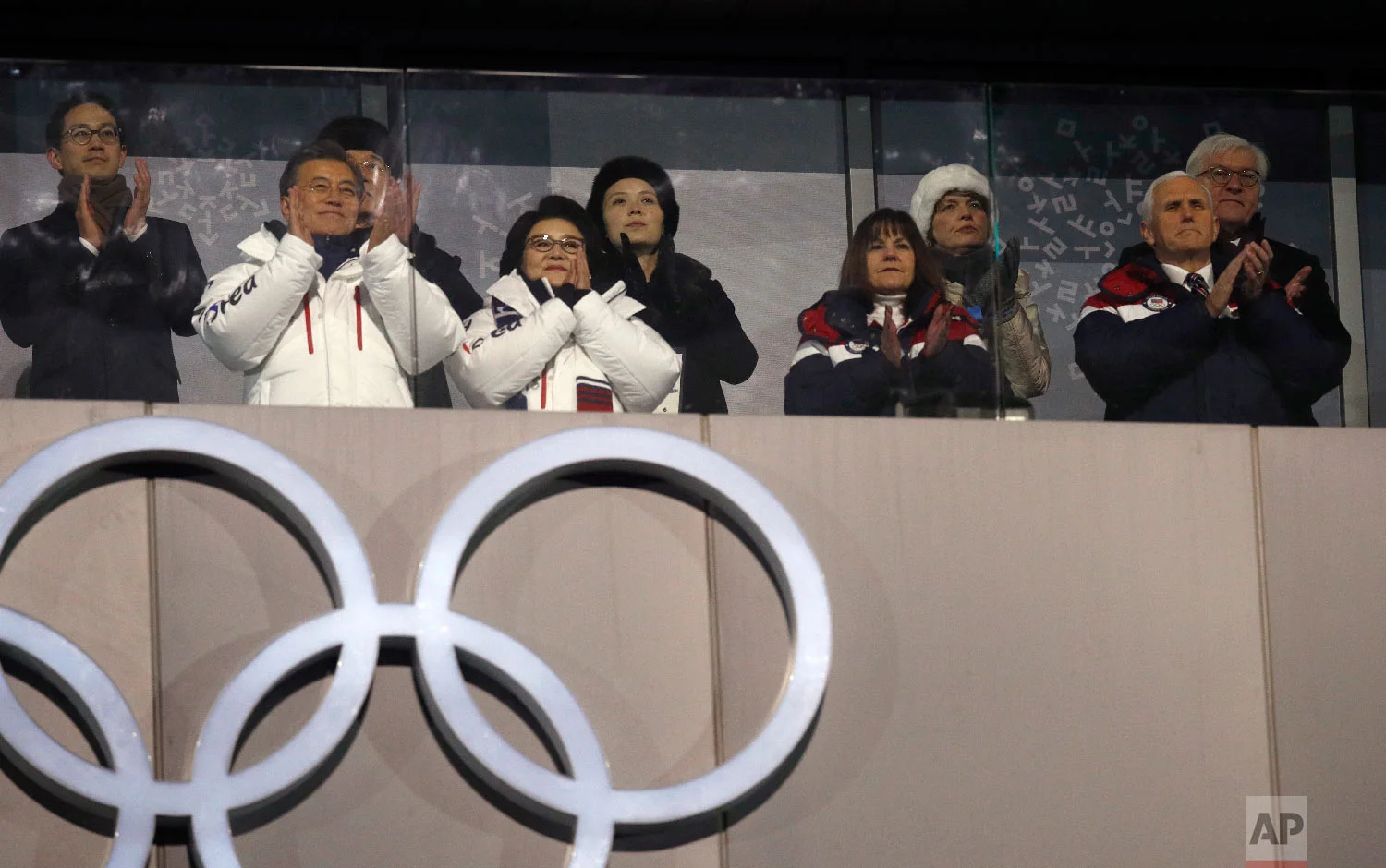 South Korean President Moon Jae-in, front left, first lady Kim Jung-sook, second lady Karen Pence and United States Vice President Mike Pence observe with Kim Yong Nam, the 90-year-old president of the Presidium of the North's Parliament, back left, and Kim Jong Un's sister Kim Yo Jong during the opening ceremony of the 2018 Winter Olympics in Pyeongchang, South Korea, Friday, Feb. 9, 2018. (AP Photo/Jae C. Hong)