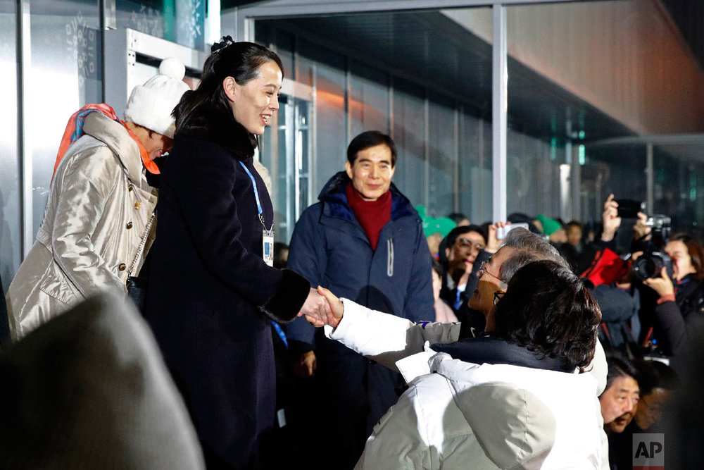  Kim Yo Jong, left, sister of North Korean leader Kim Jong Un, shakes hands with South Korean President Moon Jae-in at the opening ceremony of the 2018 Winter Olympics in Pyeongchang, South Korea, Friday, Feb. 9, 2018. (AP Photo/Patrick Semansky, Poo