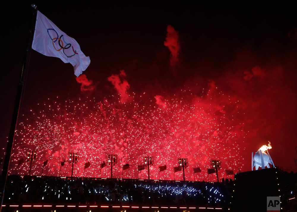  Fireworks explode during the opening ceremony of the 2018 Winter Olympics in Pyeongchang, South Korea, Friday, Feb. 9, 2018. (AP Photo/Petr David Josek) 