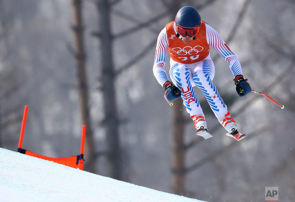  United States' Wiley Maple makes a jump during men's downhill training at the 2018 Winter Olympics in Jeongseon, South Korea, Saturday, Feb. 10, 2018. (AP Photo/Alessandro Trovati) 