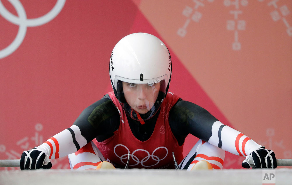  Hannah Prock of Austria starts her training run at the 2018 Winter Olympics in Pyeongchang, South Korea, Saturday, Feb. 10, 2018. (AP Photo/Wong Maye-E) 