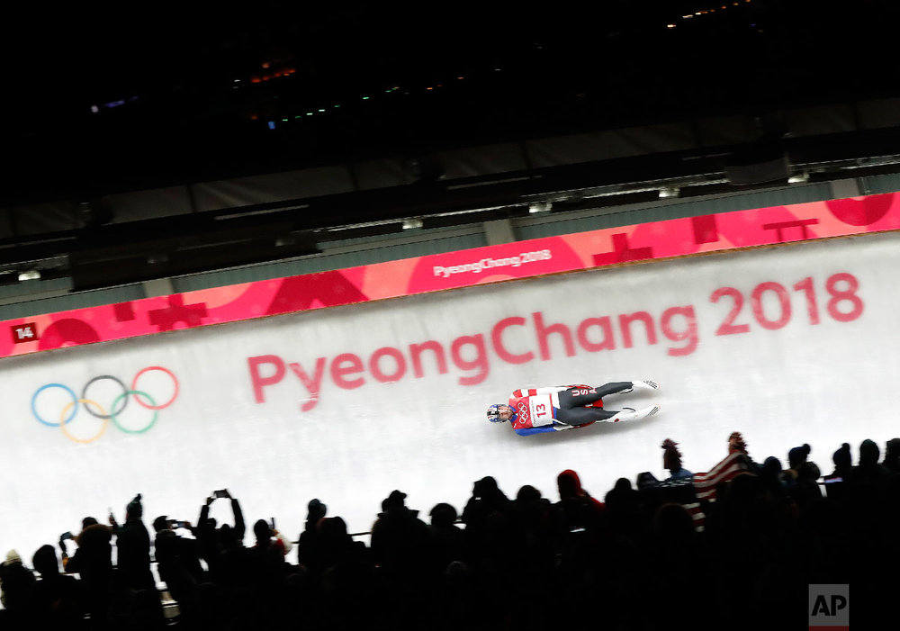  Chris Mazdzer of United States competes in the first round of the men's luge at the 2018 Winter Olympics in Pyeongchang, South Korea, Saturday, Feb. 10, 2018. (AP Photo/Andy Wong) 