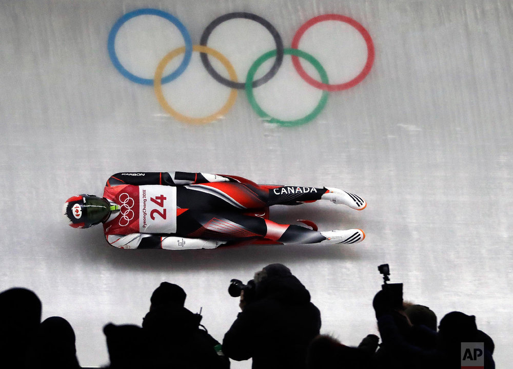  Reid Watts of Canada competes during final heats of the men's luge competition at the 2018 Winter Olympics in Pyeongchang, South Korea, Sunday, Feb. 11, 2018. (AP Photo/Wong Maye-E) 