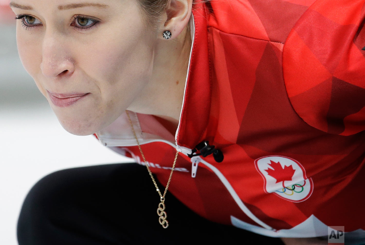  Canada's Kaitlyn Lawes looks on during the mixed doubles semi-final curling match against Norway's Kristin Skaslien and Magnus Nedregotten at the 2018 Winter Olympics in Gangneung, South Korea, Monday, Feb. 12, 2018. (AP Photo/Natacha Pisarenko) 