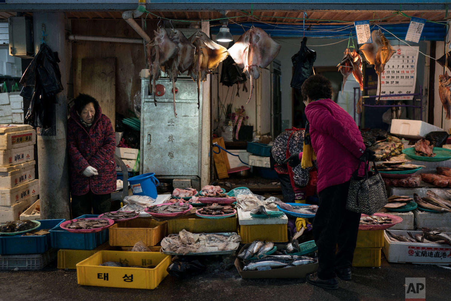 A woman shops for fish at the traditional market in Gangneung, South Korea, Tuesday, Feb. 13, 2018. While the Winter Olympics are going on in the mountains, some serious haggling is underway on the coast. One part of the Pyeongchang area that hasn’t been Westernized and beautified for the Winter Olympics is the traditional market in Gangneung, several blocks of street stalls operated for the most part by old women who are decidedly no-nonsense about selling their wares - from naturally dried octopus legs to goopy globs of seaweed freshly harvested from the local waters. (AP Photo/Felipe Dana)