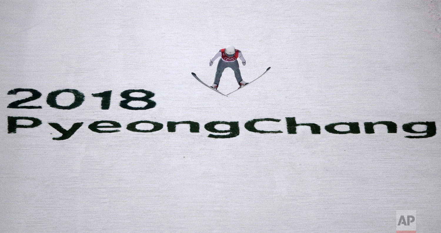  Ondrej Pazout, of the Czech Republic, jumps during the trial jump of the nordic combined at the 2018 Winter Olympics in Pyeongchang, South Korea, Wednesday, Feb. 14, 2018. (AP Photo/Charlie Riedel) 