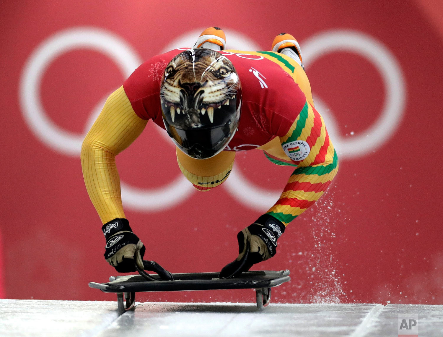  Akwasi Frimpong, of Ghana, starts his practice run during the men's skeleton training at the 2018 Winter Olympics in Pyeongchang, South Korea, Wednesday, Feb. 14, 2018. (AP Photo/Wong Maye-E) 