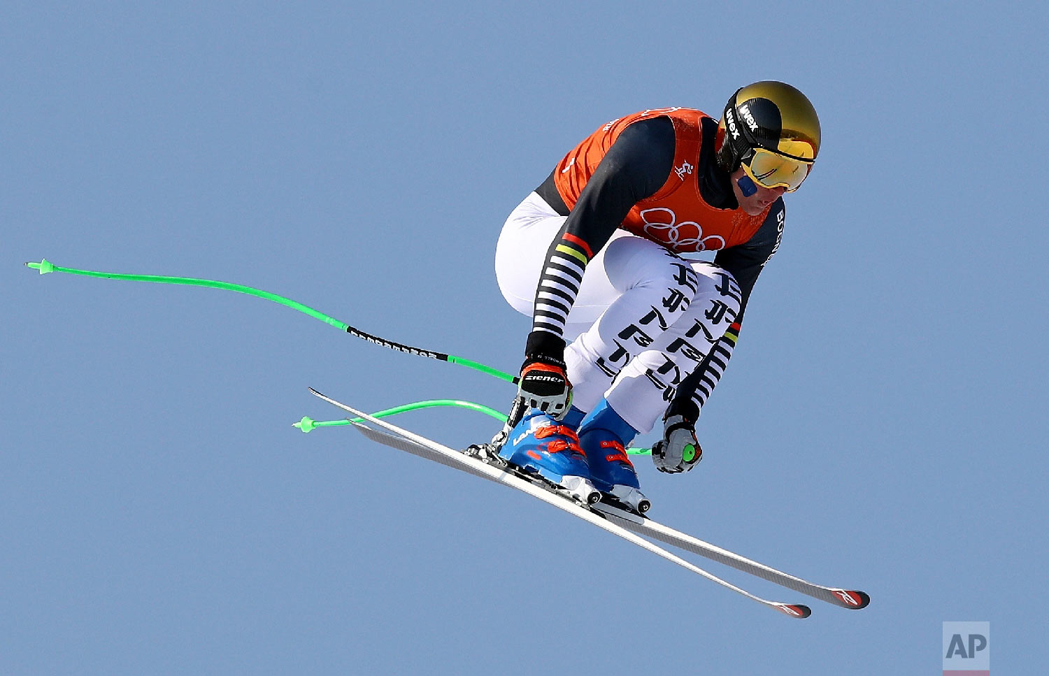  Germany's Thomas Dressen makes a jump in Men's Downhill training at the 2018 Winter Olympics in Jeongseon, South Korea, Thursday, Feb. 8, 2018. (AP Photo/Alessandro Trovati) 
