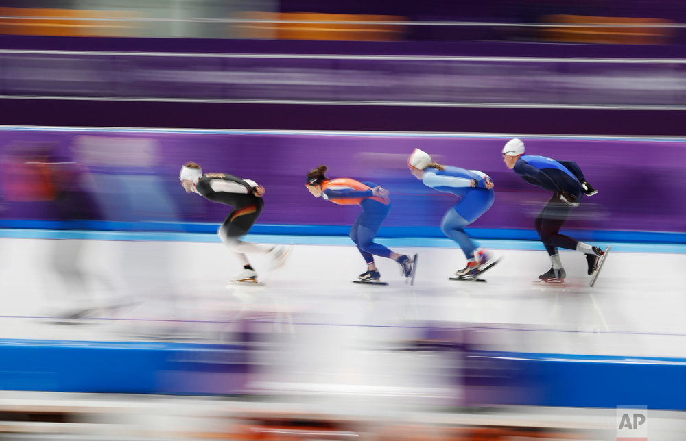  Skaters practice at the Gangneung Oval during a speed skating training session prior to the 2018 Winter Olympics in Gangneung, South Korea, Thursday, Feb. 8, 2018. (AP Photo/Petr David Josek) 