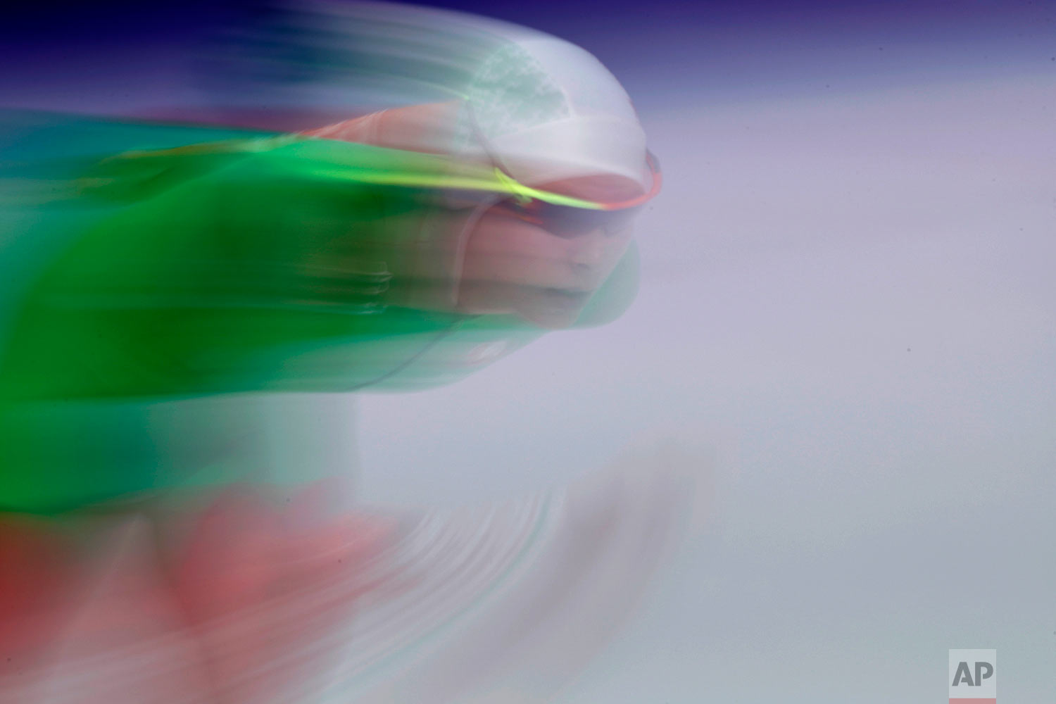 Maryna Zuyeva of Belarus competes during the women's 5,000 meters speedskating race at the Gangneung Oval at the 2018 Winter Olympics in Gangneung, South Korea, Friday, Feb. 16, 2018. (AP Photo/Vadim Ghirda)