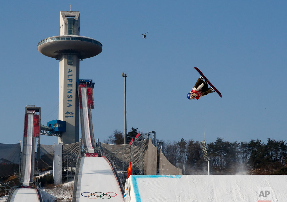  Anna Gasser, of Austria, jumps during the women's Big Air snowboard final at the 2018 Winter Olympics in Pyeongchang, South Korea, Thursday, Feb. 22, 2018. (AP Photo/Matthias Schrader) 