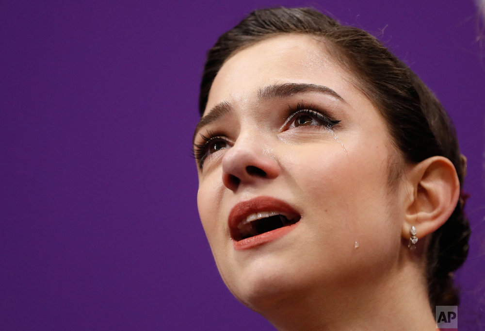  Evgenia Medvedeva of the Olympic Athletes of Russia reacts as her scores are posted following her performance in the women's free figure skating final in the Gangneung Ice Arena at the 2018 Winter Olympics in Gangneung, South Korea, Friday, Feb. 23,