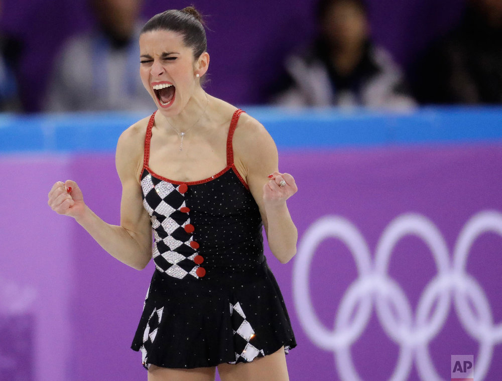  Valentina Marchei of Italy reacts after her and her partner Ondrej Hotarek's performance in the team event pair skating in the Gangneung Ice Arena at the 2018 Winter Olympics in Gangneung, South Korea, Sunday, Feb. 11, 2018. (AP Photo/Bernat Armangu