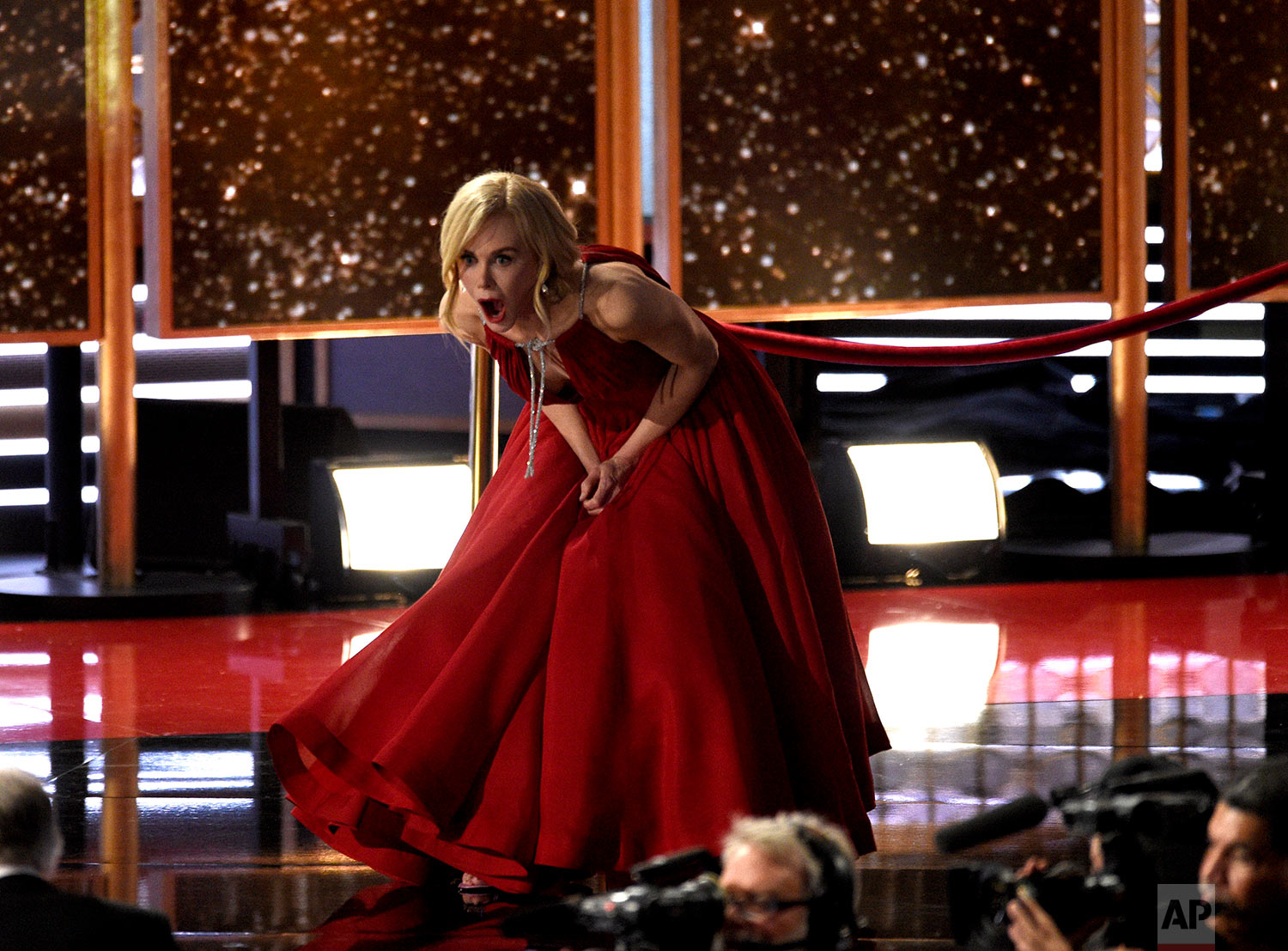  Nicole Kidman reacts onstage while accepting the award for outstanding limited series for "Big Little Lies" at the 69th Primetime Emmy Awards on Sunday, Sept. 17, 2017, at the Microsoft Theater in Los Angeles. (Photo by Chris Pizzello/Invision/AP) 