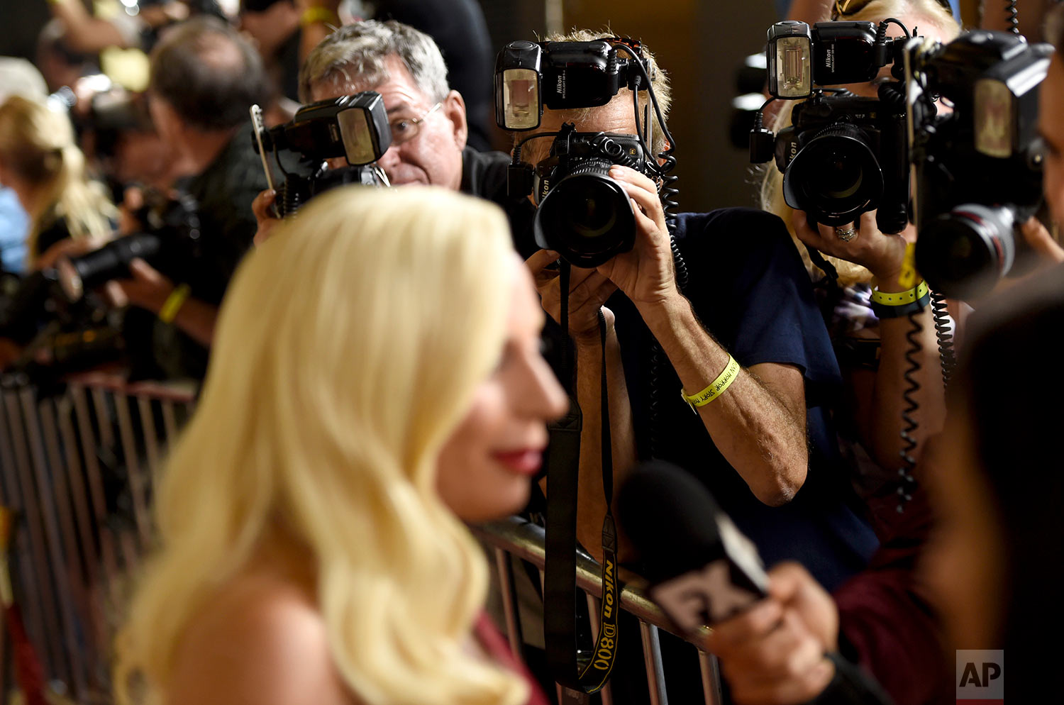  Lady Gaga participates in an interview as she arrives at the Los Angeles premiere screening of "American Horror Story: Hotel" at Regal Cinemas L.A. Live on Saturday, Oct. 3, 2015. (Photo by Chris Pizzello/Invision/AP) 